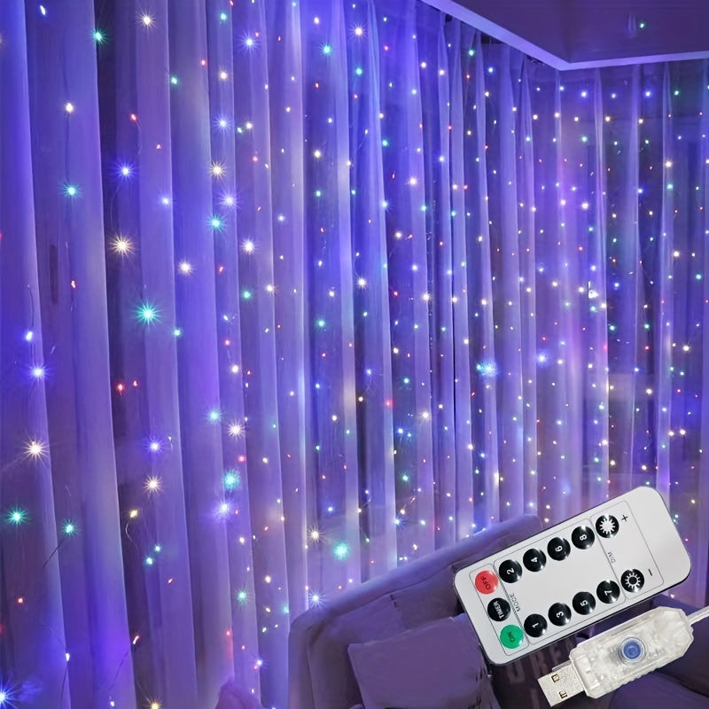 Fairy curtain lights with remote, USB-powered. 8 warm white LED modes for bedroom, indoor decor, weddings & parties.