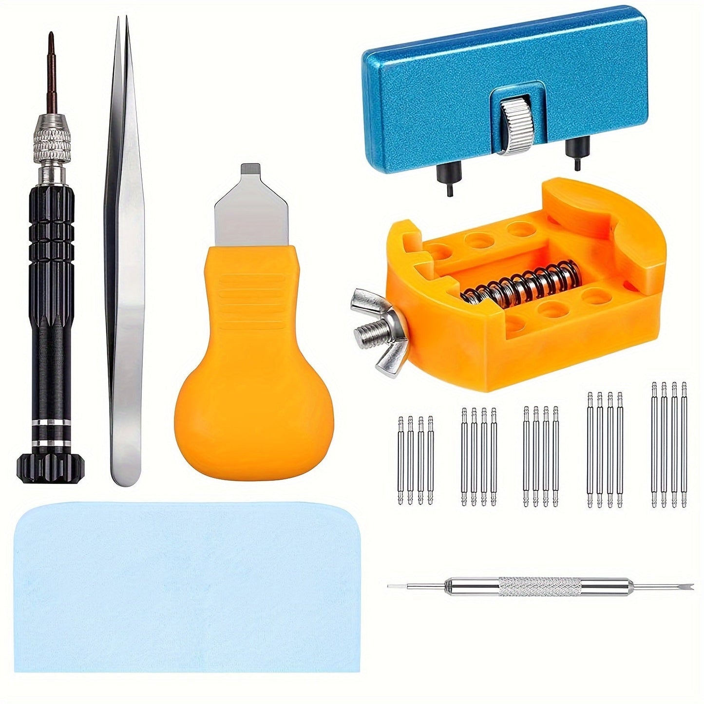 Ideal for gifting, this 32-piece watch battery replacement kit includes a watch repair screwdriver, watch band replacement tool, watch wrench back remover, watch case opener, watch back remover holder, spring bar, and tweezers.