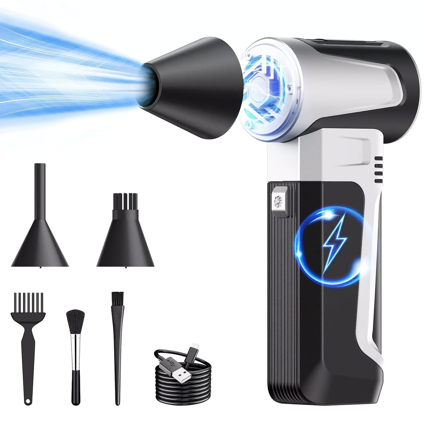 Turbo Fan Handheld with High-Speed Operation of 160,000 RPM and Powerful 52m/s Wind Speed. Features Brushless Motor and Durable ABS Material. Includes USB-C Fast Charging, Long-Lasting 5000mAh Lithium Battery, and Versatile Accessories. Ideal for