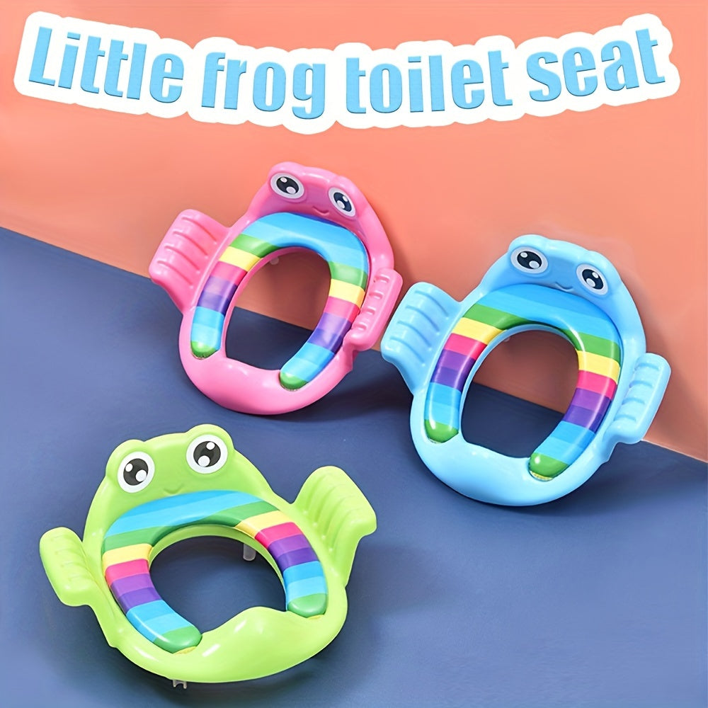 Frog potty training seat with splash guard and non-slip mat, portable and comfortable for easy travel and a perfect gift.