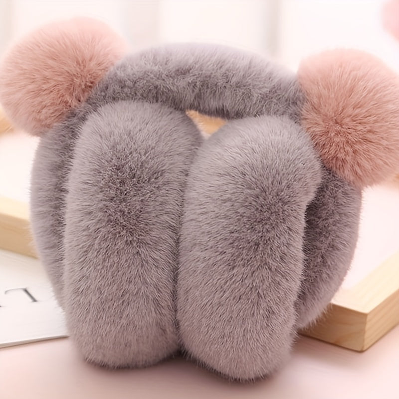 Women's Winter Outdoor Foldable Faux Fur Ear Warmers with Cute Pom Pom Plush Earmuffs in Solid Block Design