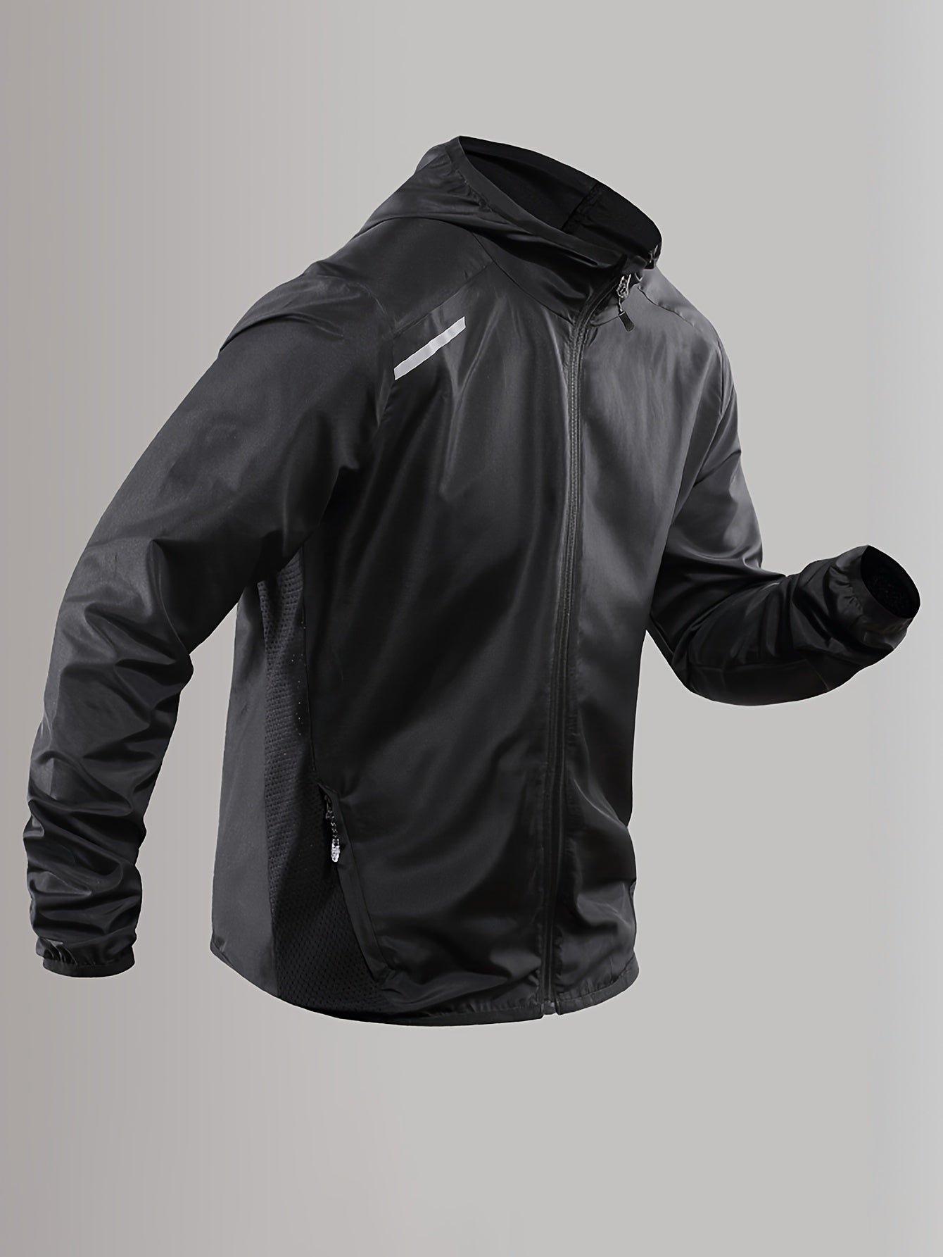 Men's lightweight windproof hooded jacket with reflective straps and mesh panels, ideal for outdoor activities. Features geometric pattern, made from woven fabric with 92% polyamide and 8%