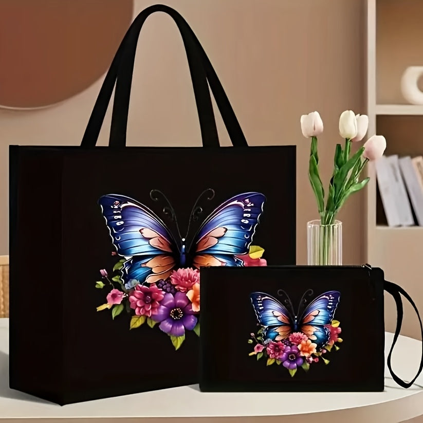 Chic handbag and wallet set featuring butterfly and floral print, durable shoulder strap, magnetic closure, and foldable design for shopping and travel.