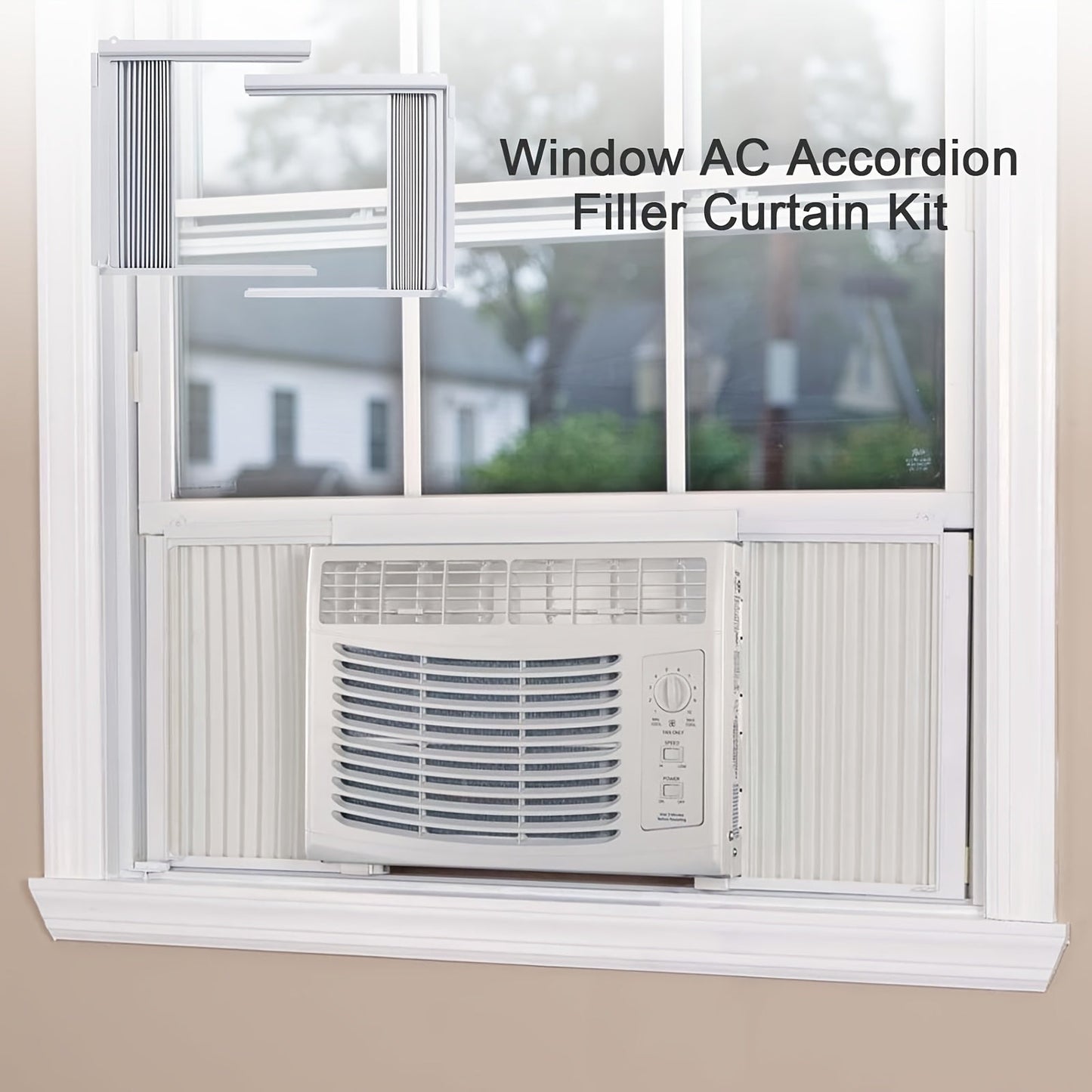 Energy-saving indoor accordion filler curtain set with frame kit - 2 pack of PVC insulation panels for 5,000 BTU AC units, adjustable side panels for windows, no electricity required.