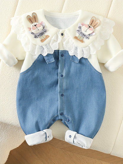 Qidan's Rabbit Doll Collar Denim Romper, perfect for outdoor wear