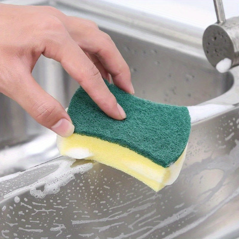 Polyurethane Dual-Sided Cleaning Sponges, in packs of 10, 12, or 24. Yellow-Green color, offering strong decontamination for use outdoors, in the kitchen, on the patio, and on furniture.