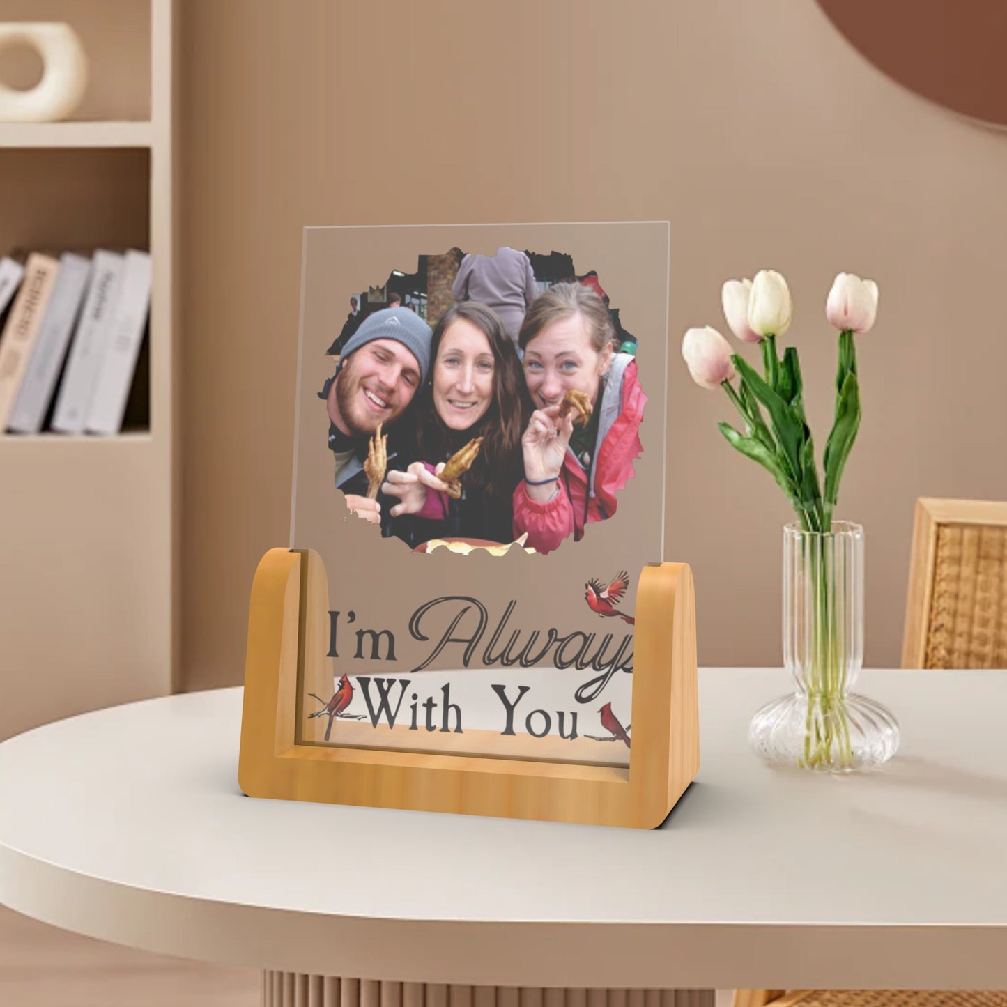 Personalized wooden stand photo plaque made of durable acrylic - Customizable remembrance gift for condolences, sympathy, or in memory of a loved one. Engraved with the comforting message "I'm always with you." Fade-resistant and long-lasting