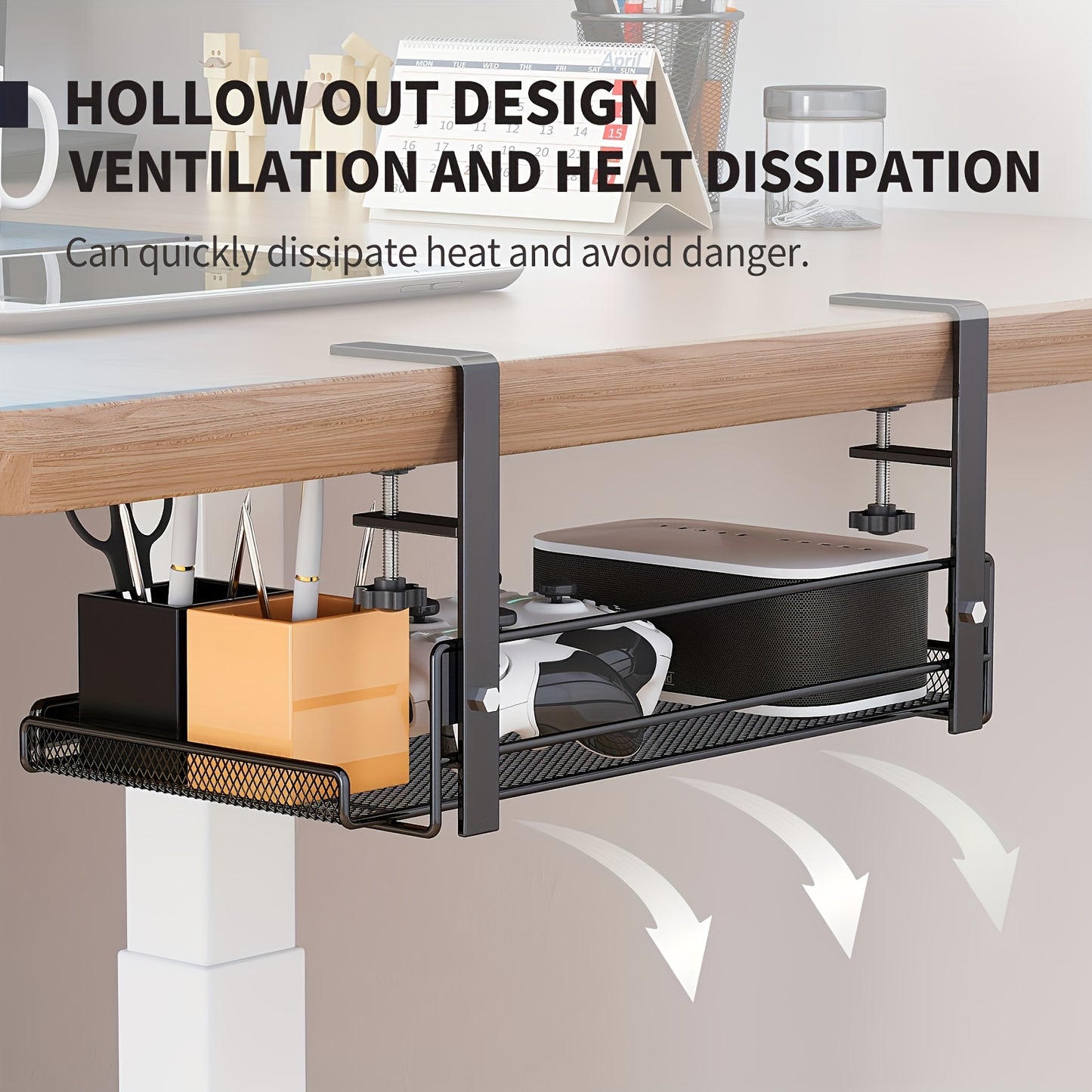 1pc Black under-desk cable management tray made of paint-finished iron wire for office desks without drilling needed.