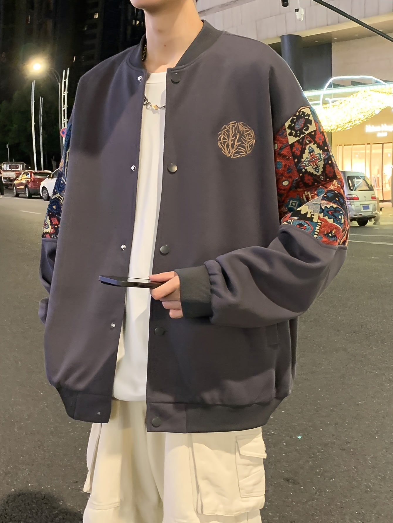 Men's Casual Ethnic Embroidered Varsity Jacket - Cotton Blend, Button Closure, Long Sleeves, Floral Pattern Detail, Perfect for Casual Outings and Evening Dates