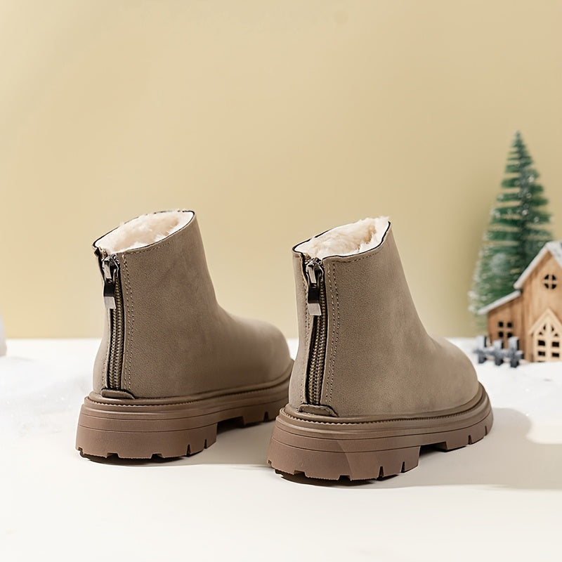 Stylish winter ankle boots with cozy plush lining, durable PVC sole, side zipper, round toe, brown upper with black trim. Perfect for boys and girls, casual snow booties for cold weather.