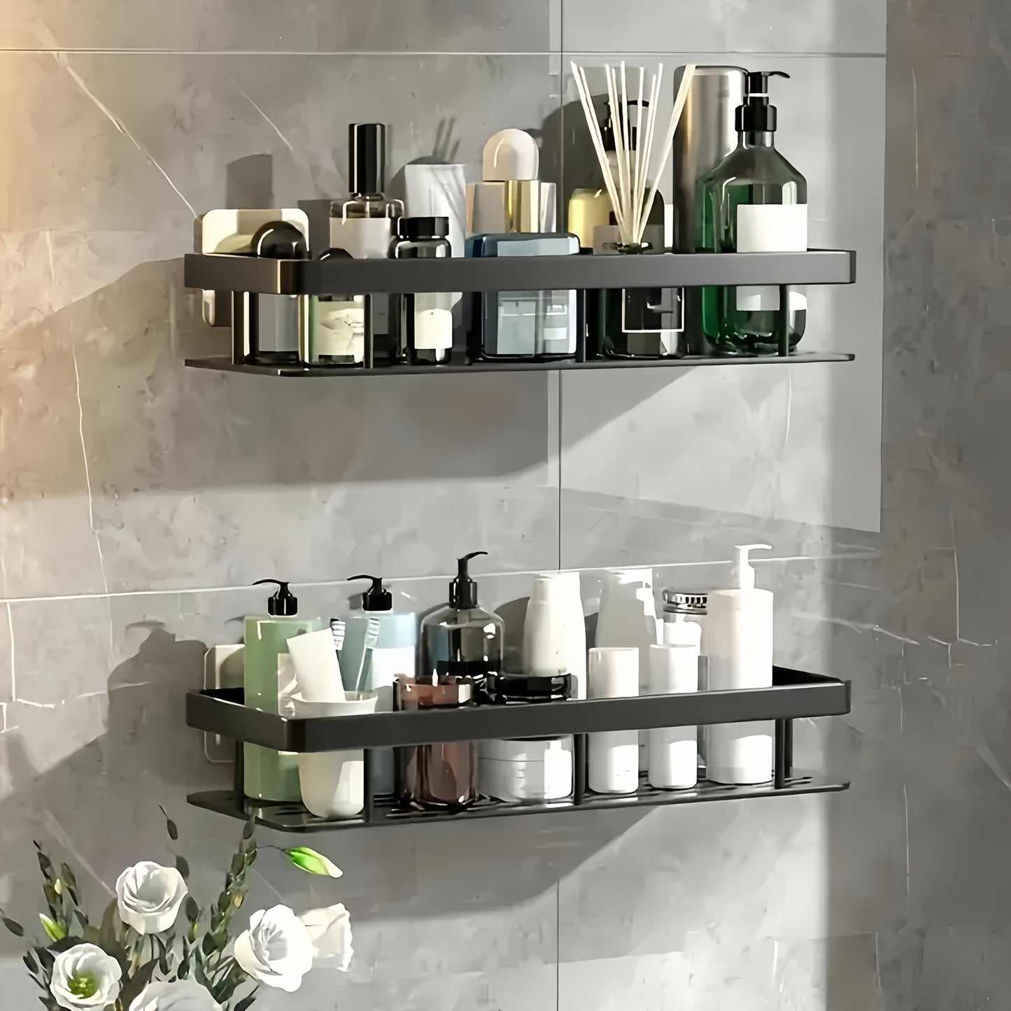 Durable wall-mounted caddy for bathroom and kitchen. Easy no-drill installation, space-saving. Holds toiletries and cosmetics. Oil rubbed finish, strong plastic material.