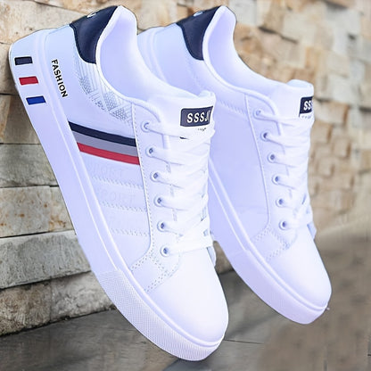 Men's fashion skate shoes with striped canvas design, PU upper, fabric lining, rubber sole, EVA insole, low top lace-up style, and round toe.