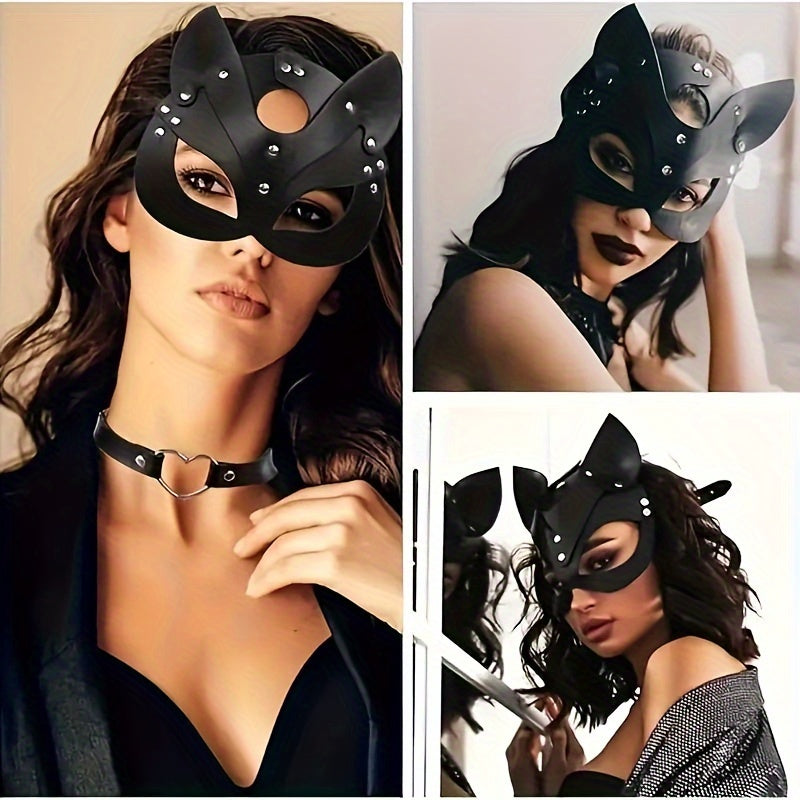 Woman's Faux Leather Cat Mask Costume with Bunny and Fox Animal Half Face Mask for Cosplay, Halloween Party Decoration, and Props