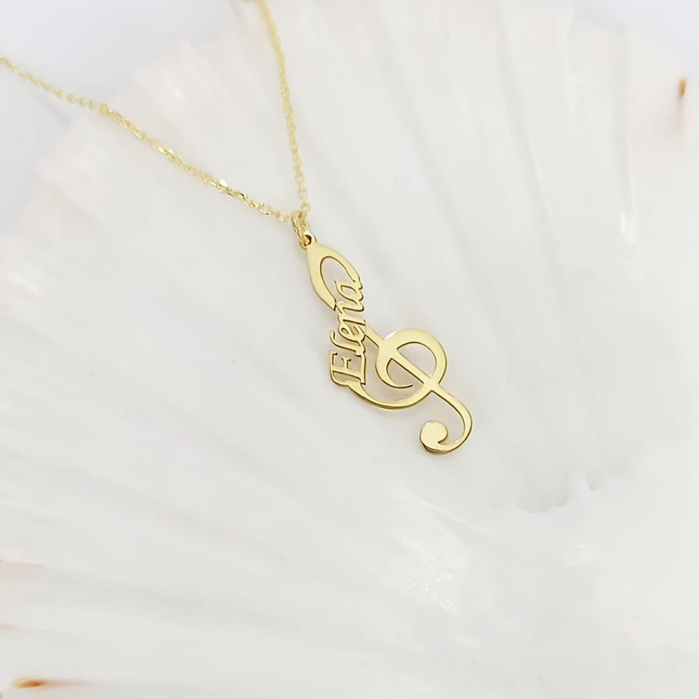 Elegant Bohemian Style Stainless Steel Music Note Necklace Personalized with Name, Perfect for Everyday Wear and Parties, Great Gift for Musicians who Love High Pitch and Custom Music Symbols.