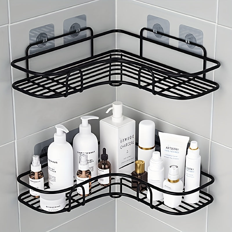 Punch-free corner shelf for bathroom storage, wall-mounted with space for toiletries and accessories.