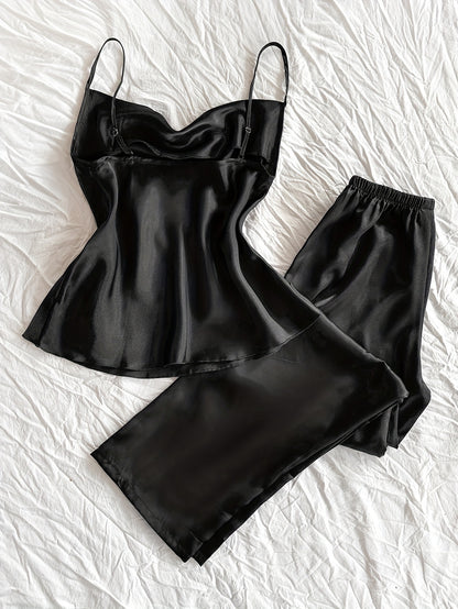 Solid satin pajama set with a sexy cowl neck, backless cami top, and relaxed fit pants for women.