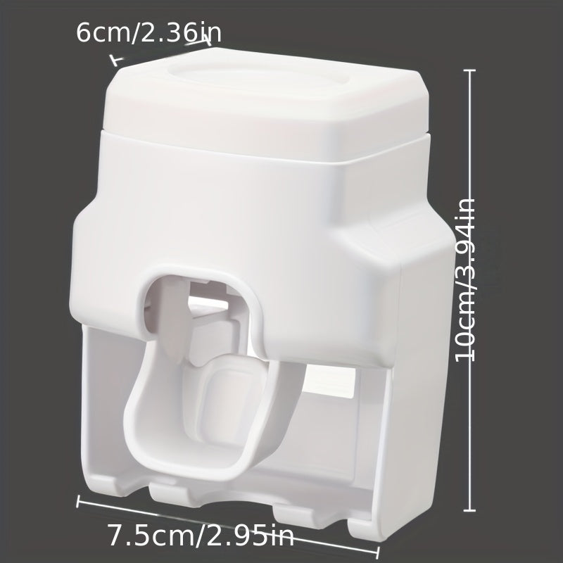 Wall mounted toothbrush holder and toothpaste dispenser with automatic squeezer, ideal for family washroom.