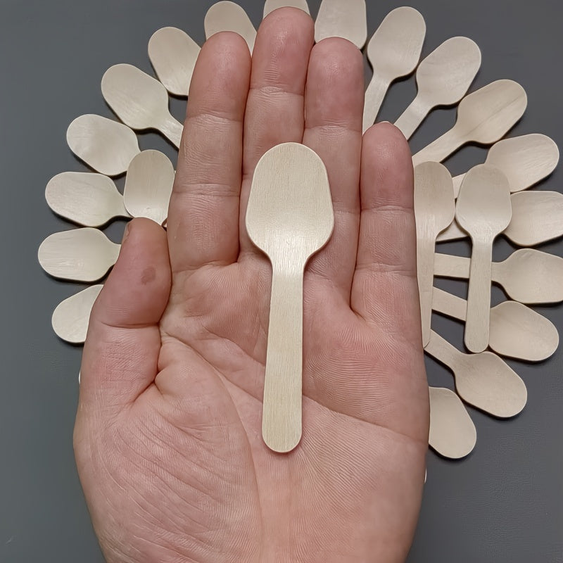 50 pieces of 8.51cm Elegant Disposable Wooden Tasting Spoons made from Birch, completely Biodegradable. Perfect for sampling yogurt, serving ice cream, desserts, or bath salts. Great for graduation season, picnics, parties, camping, festivals, birthdays