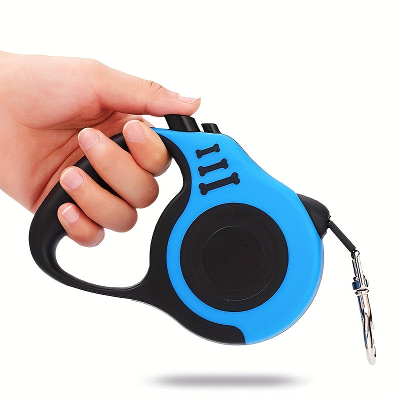 Durable 3.05meter retractable dog leash for small to large dogs, blue and black design with bone-shaped handle, ergonomic grip, and sturdy metallic clip. Perfect for pet owners.