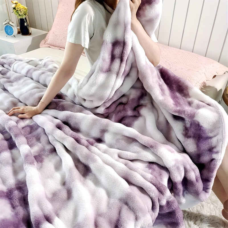 Modern soft faux rabbit fur bed blanket with a tie-dye plush flannel design, featuring a thick dual layer for ultimate coziness in all seasons. Made of machine washable polyester in a rainbow moire pattern, perfect for the sofa, living room, or bed.