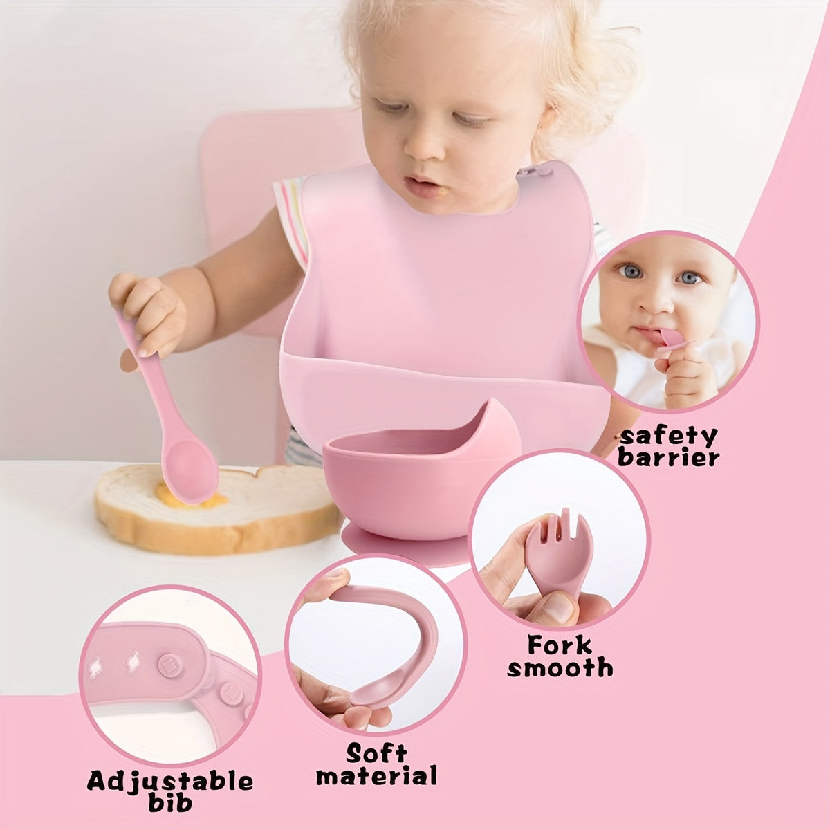 Toddler Feeding Set with Suction Cup Dividers, Spoon, Fork, Straw Cup, Bib - 10-Piece BPA-Free Silicone in Pink Animal Print. Safe for Microwave & Oven - Perfect for Baby Led Weaning