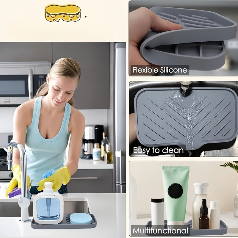 Flexible Silicone Kitchen Sink Organizer - Non-Slip Drain Pad with Splash-Proof Design and Easy-to-Clean Surface, Perfect for Countertops and Cups, Includes Durable Plastic Cover