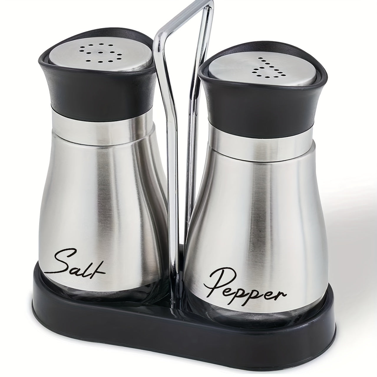 Salt and pepper shakers set with stainless steel bracket and electroplated handle, perfect for table, RV, camp, or BBQ.