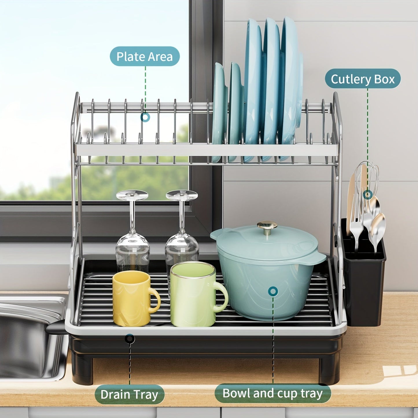 Multipurpose 2-Tier Metal and Plastic Dish Drying Rack with Drain Tray, Swivel Spout, and Sink Caddy - Countertop Storage Organizer for Dishes, Cutlery, Pots, Dish Brush, and Sponge Holder, Ideal for Kitchen and Bathroom Accessories