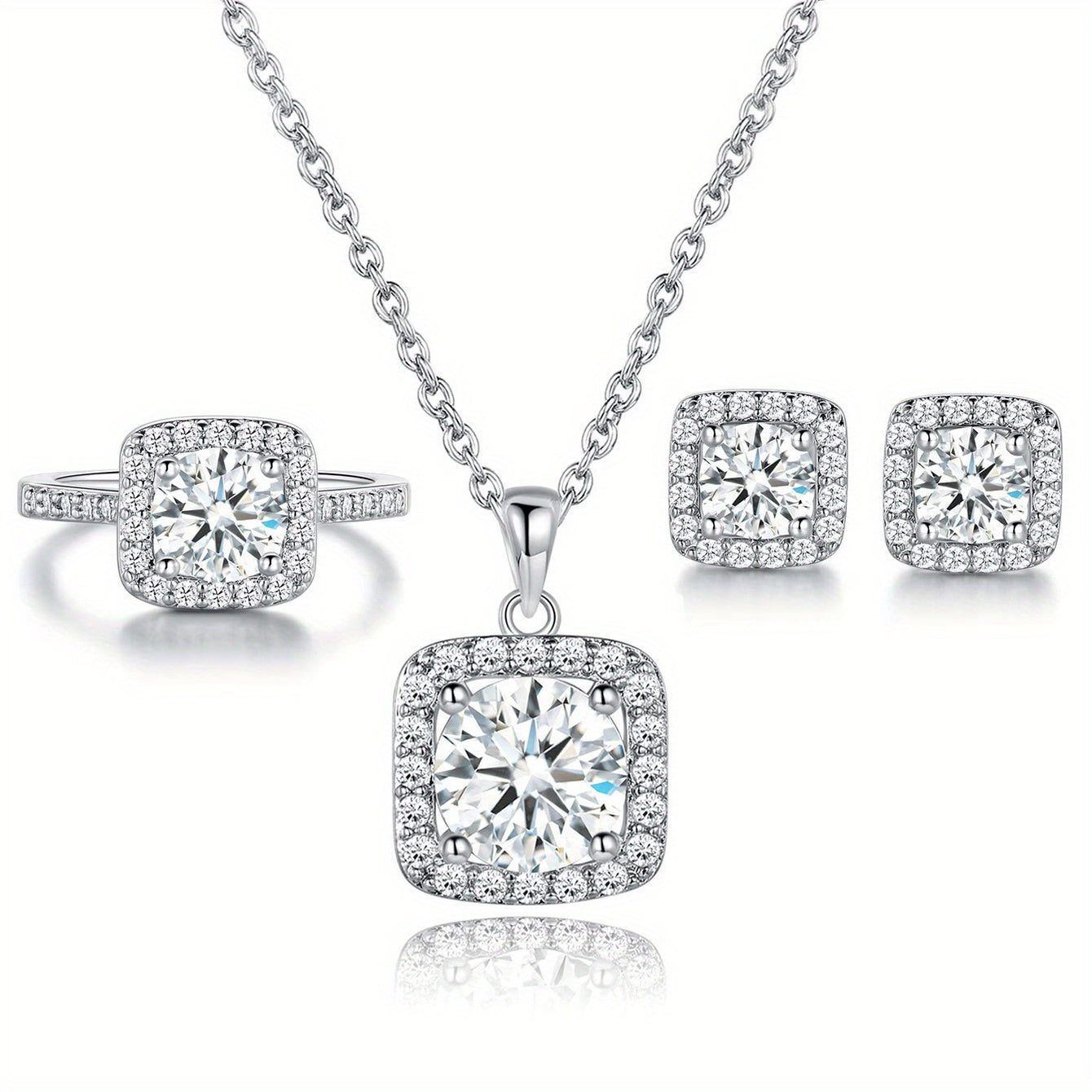 Elegant Square Zirconia Jewelry Set in Classic Luxury Style, 14K Gold Plated Necklace, Earrings, and Eternity Ring - Perfect Bridal Gift