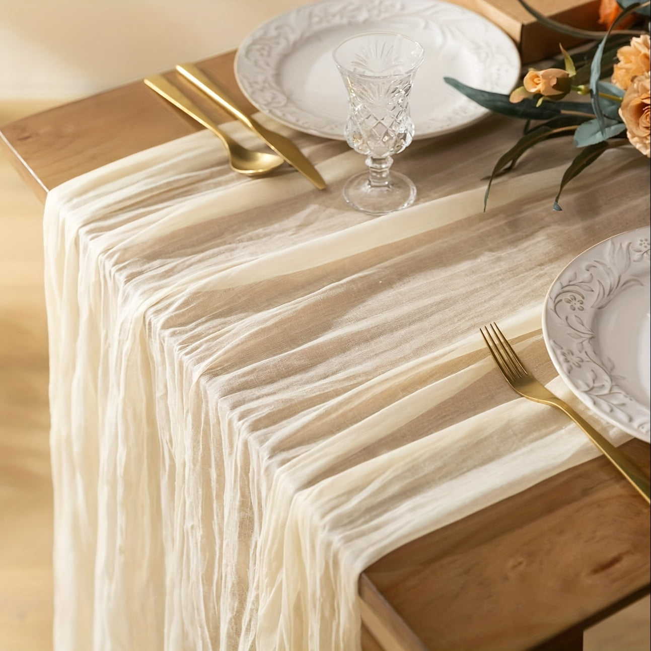 Polyester crinkle table runner for rustic wedding decor.