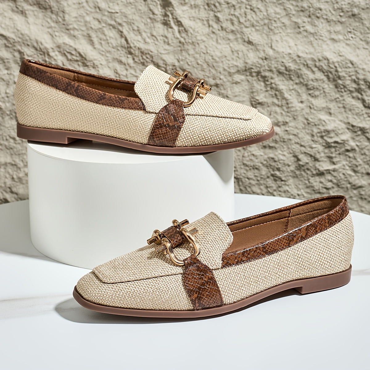 Vintage style women's flax loafers with snake print stud embellishment, square toe, and TPU sole for all-season comfort.