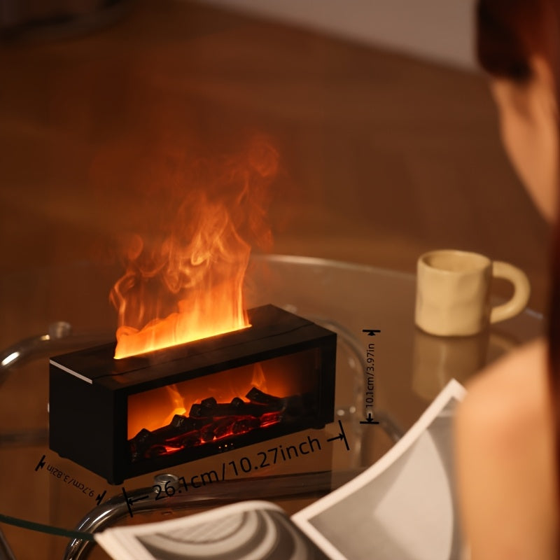 Silent, flame-inspired humidifier with remote control, USB powered, generates large mist output - ideal for small spaces.