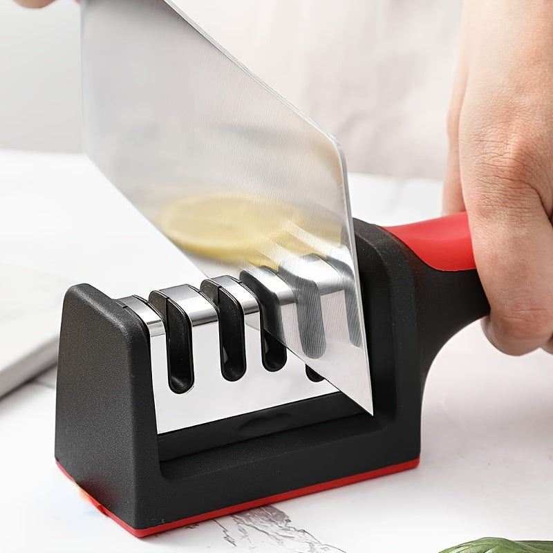 A versatile kitchen tool for sharpening knives and scissors, the 3-Stage Stainless Steel Knife Sharpener is compatible with ceramic blades.