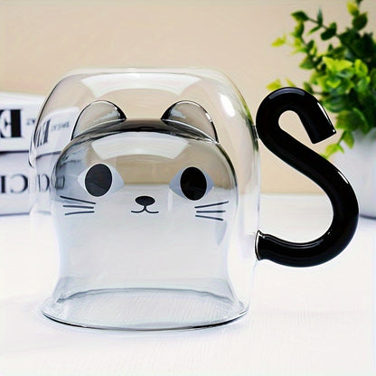 Double-walled glass coffee mug with cat design - reusable cup for hot and cold drinks - ideal gift for birthdays or holidays.