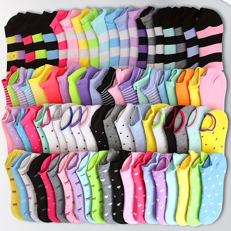 20 pairs of comfortable, soft low-cut women's socks with heart, bow, and stripe print in rainbow colors for all seasons.