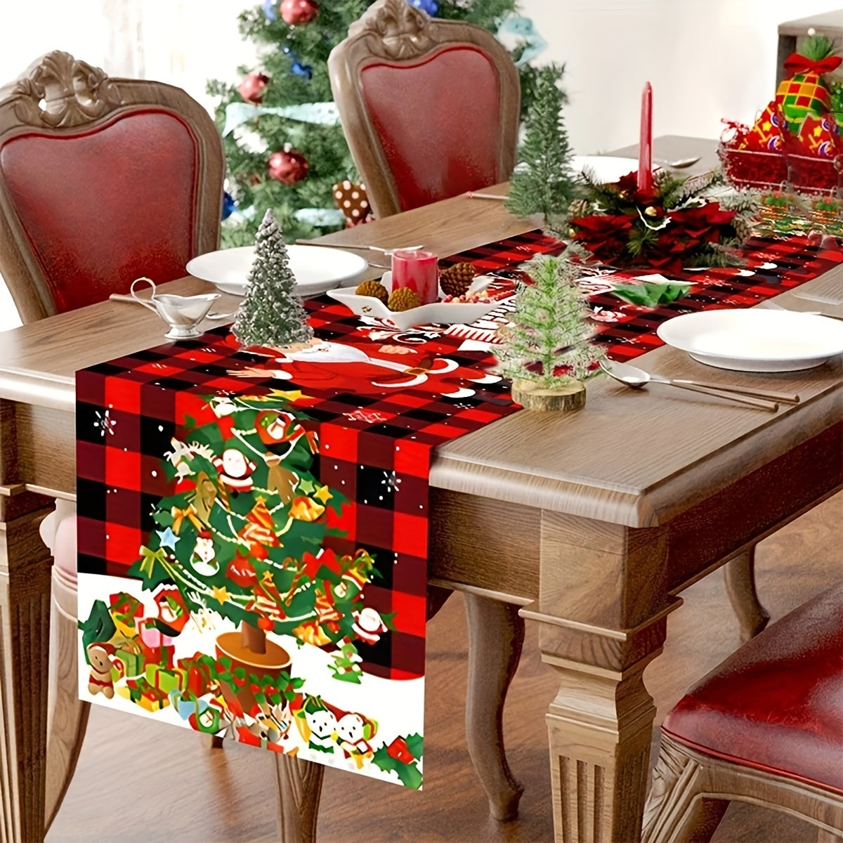 Polyester table runner featuring Santa Claus and reindeer designs, perfect for holiday gatherings and winter home decoration.