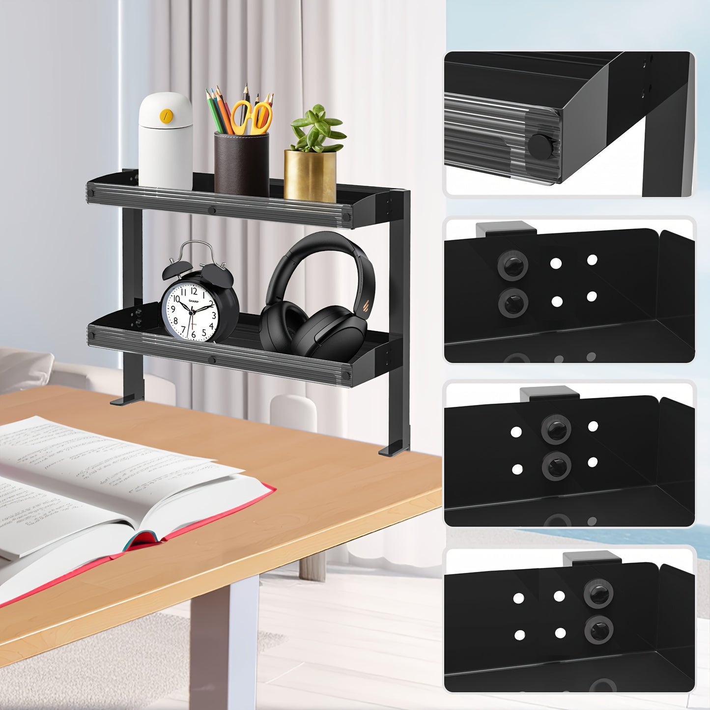 FEIKU Clamp On Desk Organizer Shelf, Metal Extender Side Table, 45.72cm Clamp-on Storage Shelf for Table Accessories.