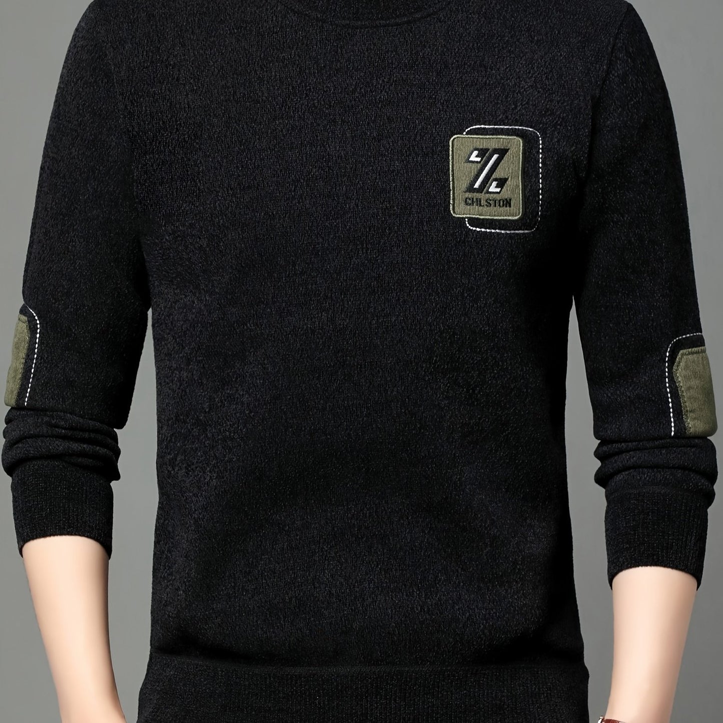 Men's winter sweater with Z letter embroidery, crew neck, long sleeve, slight stretch, regular fit, alphabet pattern, warm knit.