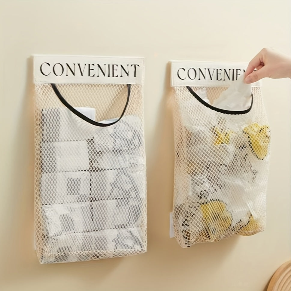 Organize your plastic bags with this wall-mounted storage rack. Made of reusable elastic mesh, it is perfect for keeping your kitchen and clothing bags in place. Note that this organizer is non-food grade.