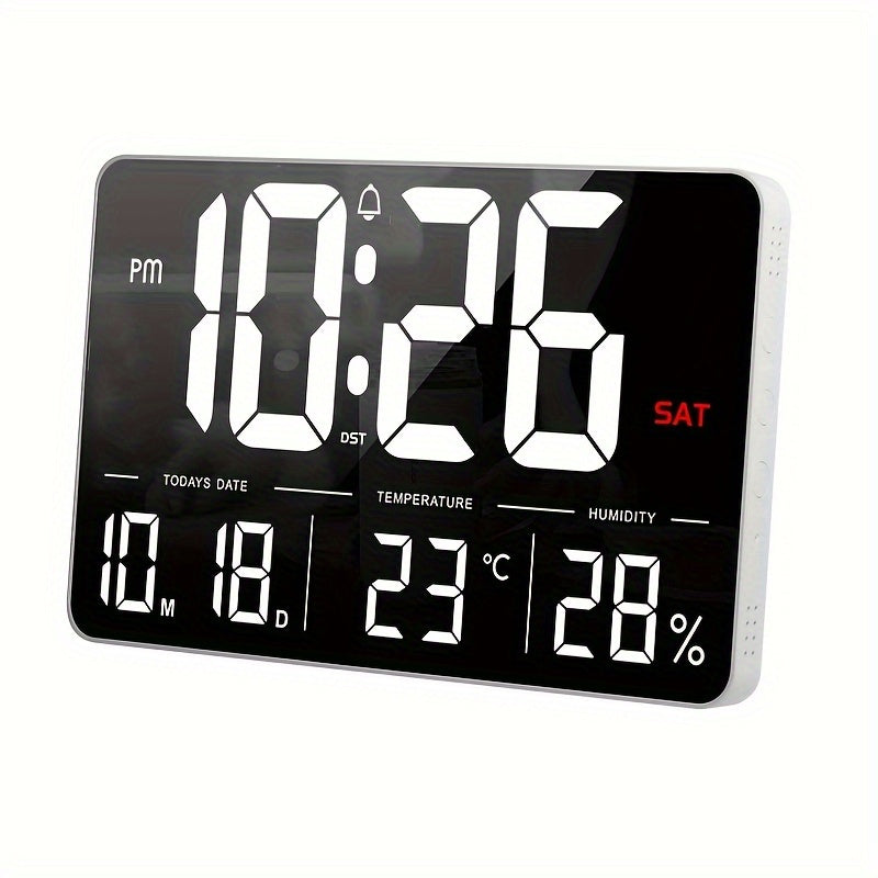 This LED Digital Wall Clock measures 33.27cm and comes with a remote control. It features adjustable brightness, a calendar, temperature display, and a snooze function. The clock can be set to display in 12 or 24-hour format and is ideal for use in the