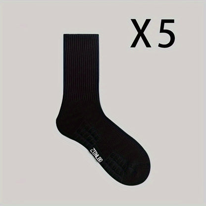 5 pairs of men's cotton blended mid-length sports socks, suitable for outdoor activities, home use, and fitness enthusiasts, size USA 6-9