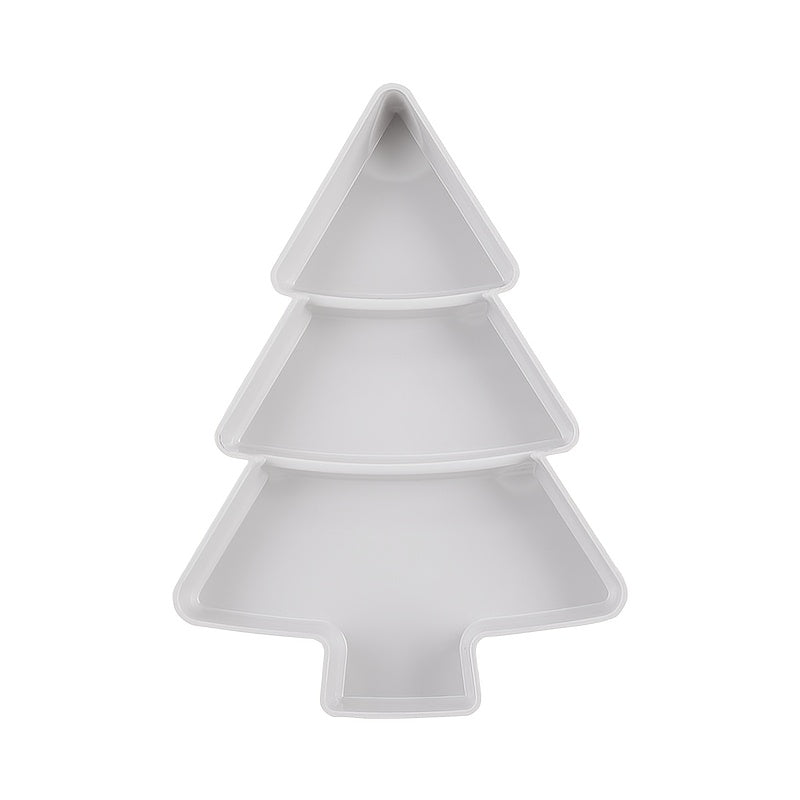 Christmas tree-shaped plastic tray for snacks, candy, fruit, and nuts. Perfect for parties, tea time, and gatherings. Ideal for office gift packaging. Made of durable plastic.