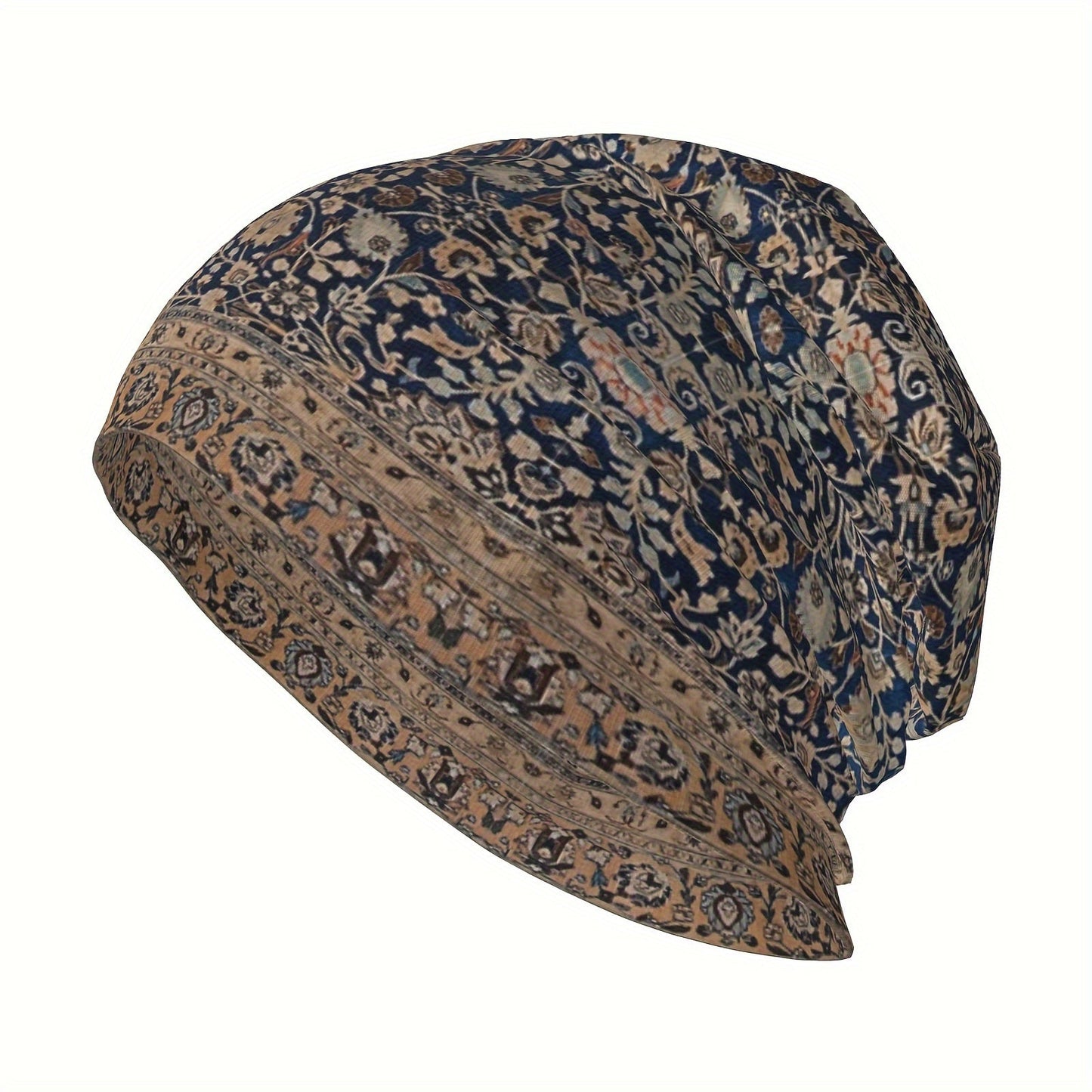 Beanie Inspired by Antique Tabriz Persian Rug, Boho-Chic Style - Soft, Stretchy Skull Cap for Men & Women, Machine Washable with Floral Print