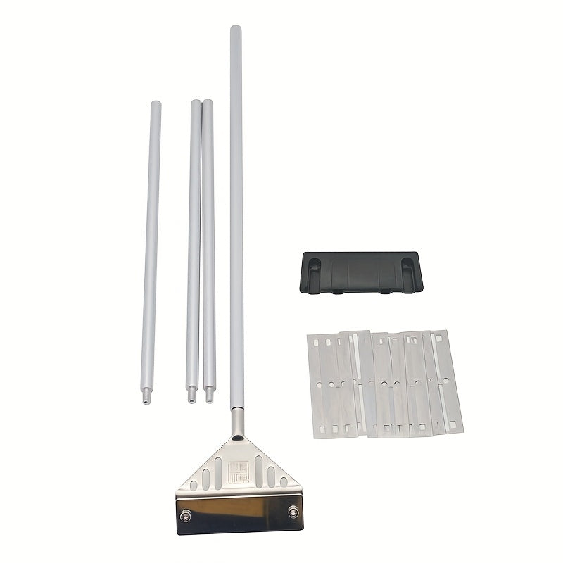 Algae scraper set for glass aquariums includes brush and net, made of durable stainless steel/aluminum alloy in various sizes.