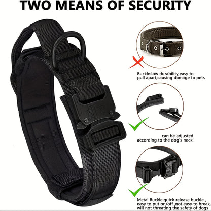 Durable Tactical Dog Collar & Leash Set, Adjustable, Made of Polyester with Metal Buckle & D-Ring, Ideal for All Dog Sizes - Black, Olive Green, Beige Available