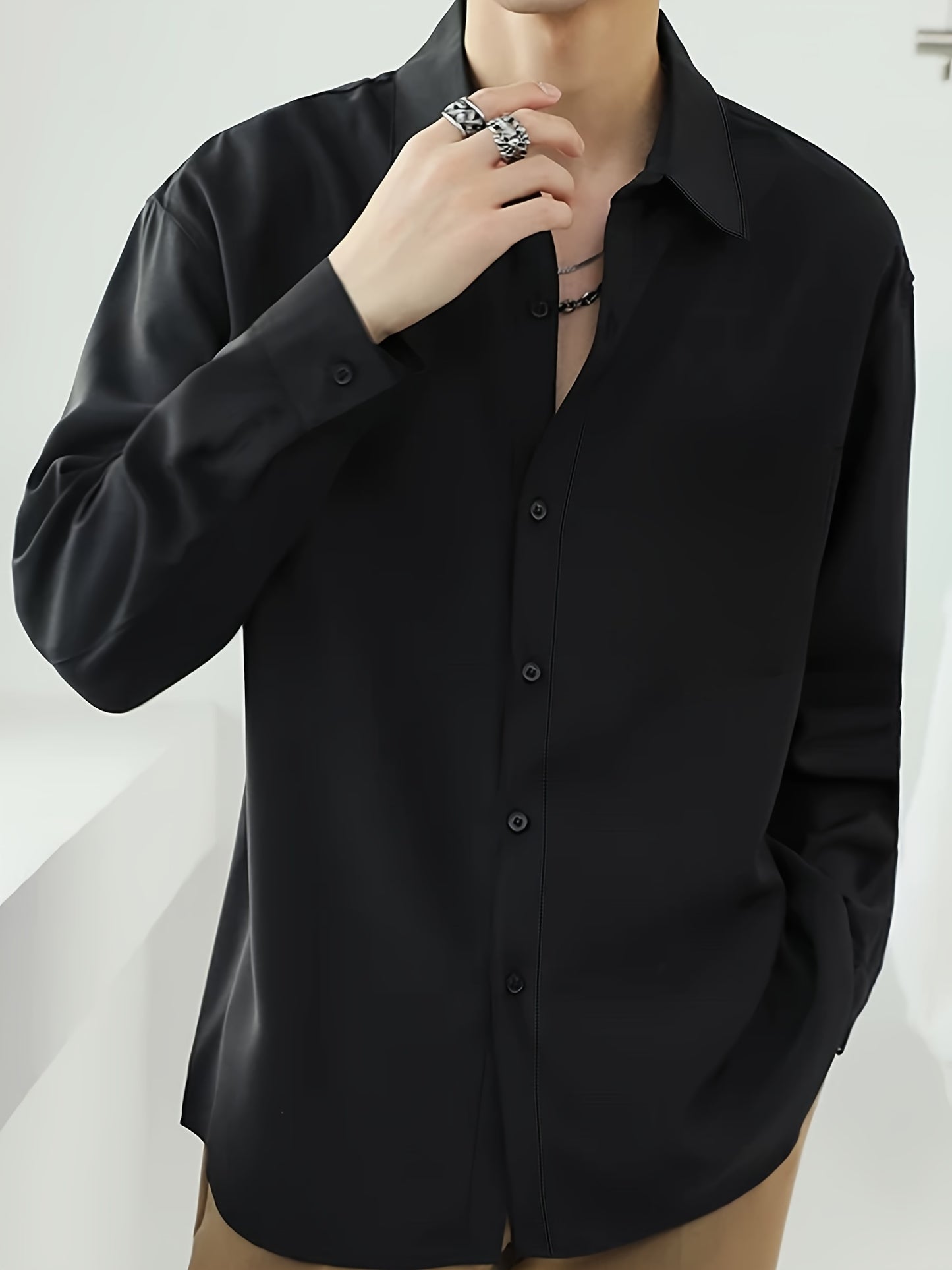 Men's premium casual long sleeve shirt for autumn and spring. Made of polyester, non-stretch, semi-sheer fabric in a solid color. Ideal for spring and fall seasons.