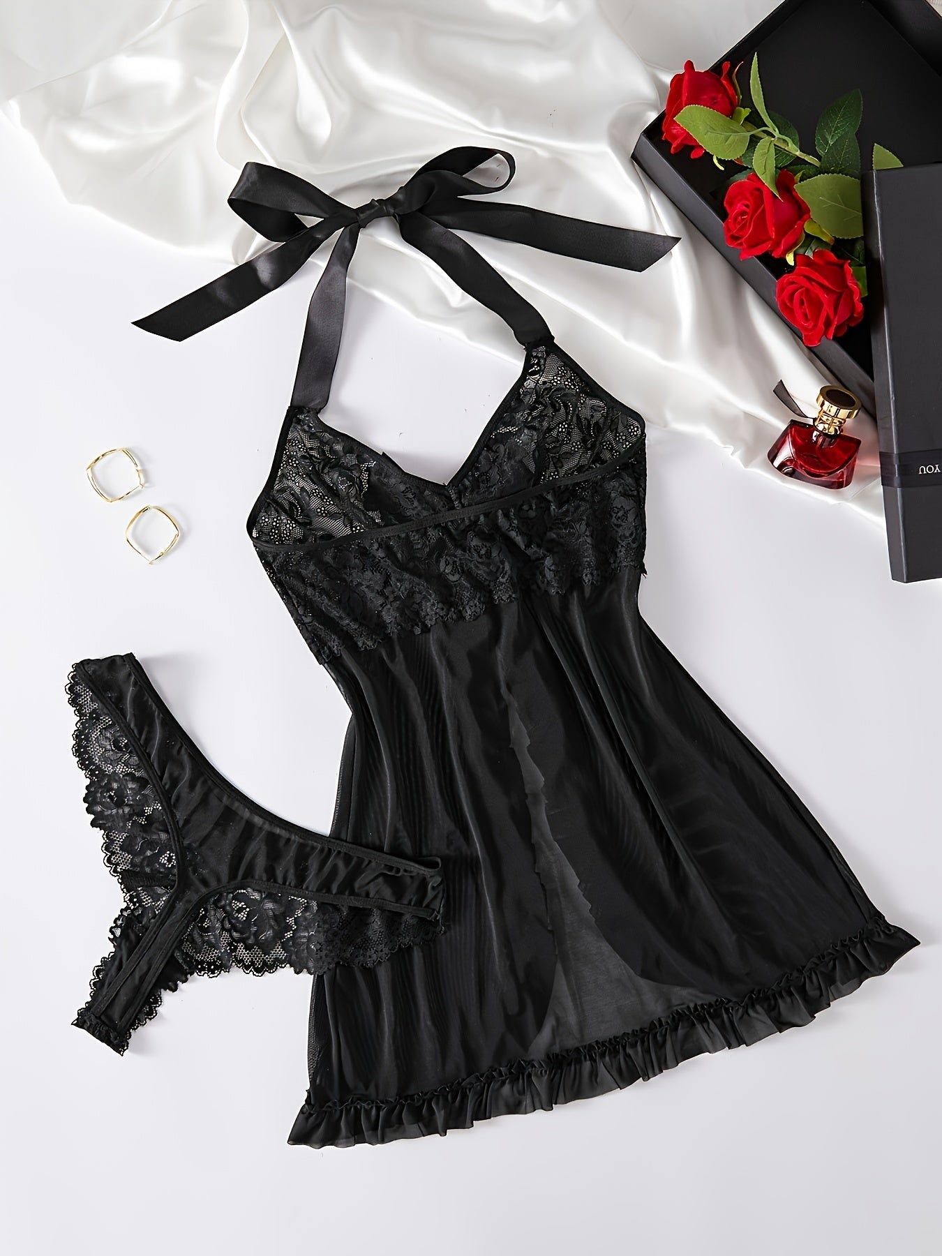 Halter tie lace lingerie set with ruffled bow detail, deep v slip dress and thong.