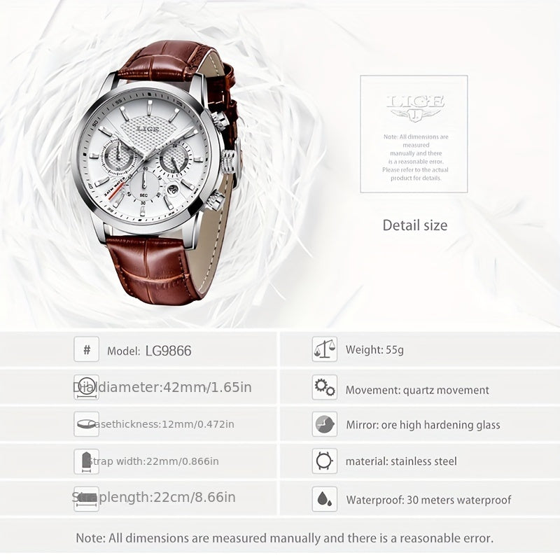 2022 LIGE Top Brand Luxury Casual Leather Quartz Men's Watch for Men - Business Clock with Sporty Chronograph and Date Display