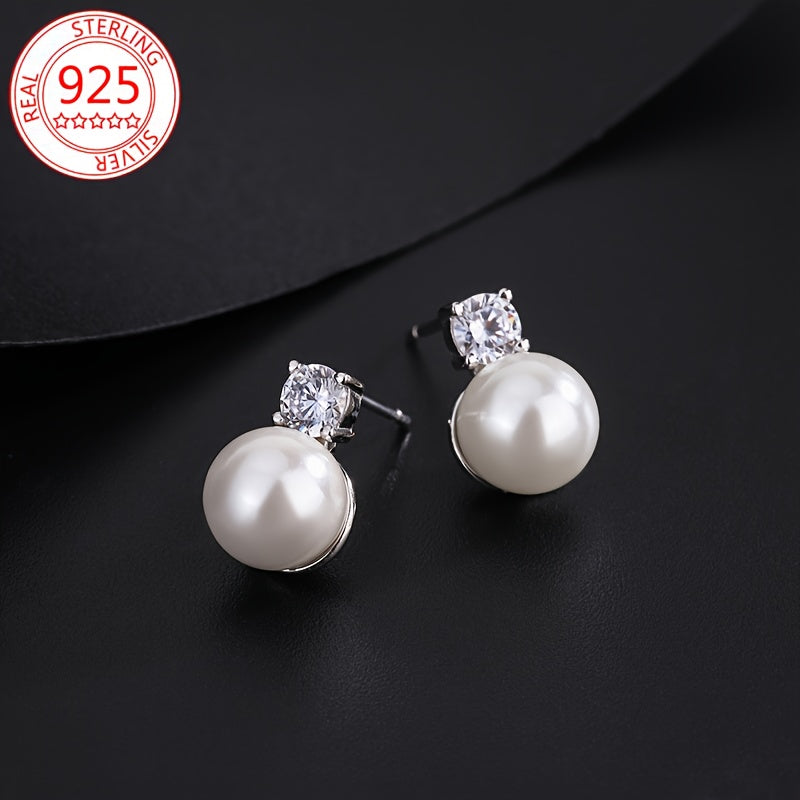 Add a touch of elegance with these stunning 925 Sterling Silver Stud Earrings featuring Sparkling Moissanite and Freshwater Imitation Pearl. This Hypoallergenic Luxury Vintage Style Jewelry is perfect for women, ideal for gifting and special occasions.