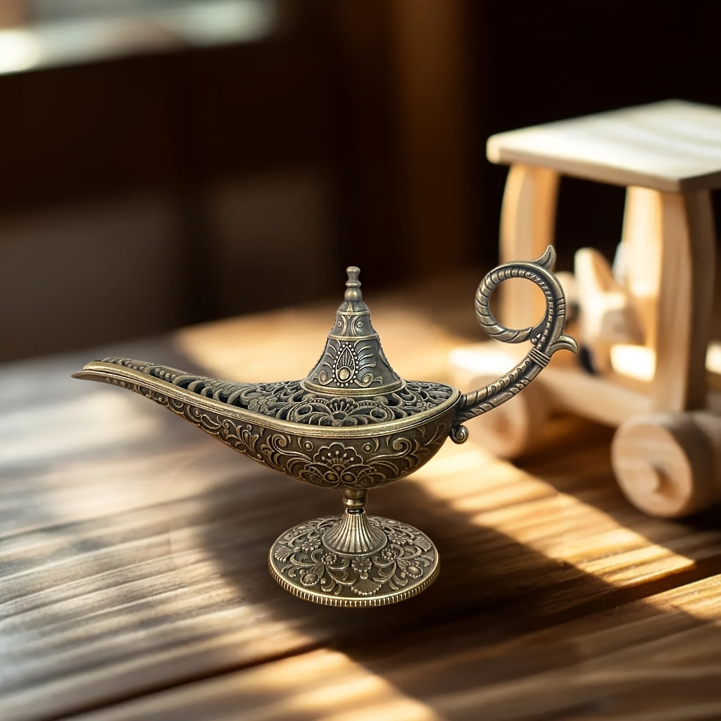 Aladdin's Magic Lamp Incense Burner: Antique metal holder for Frankincense and Tibetan Incense, with air purification for festive home fragrance on holidays.